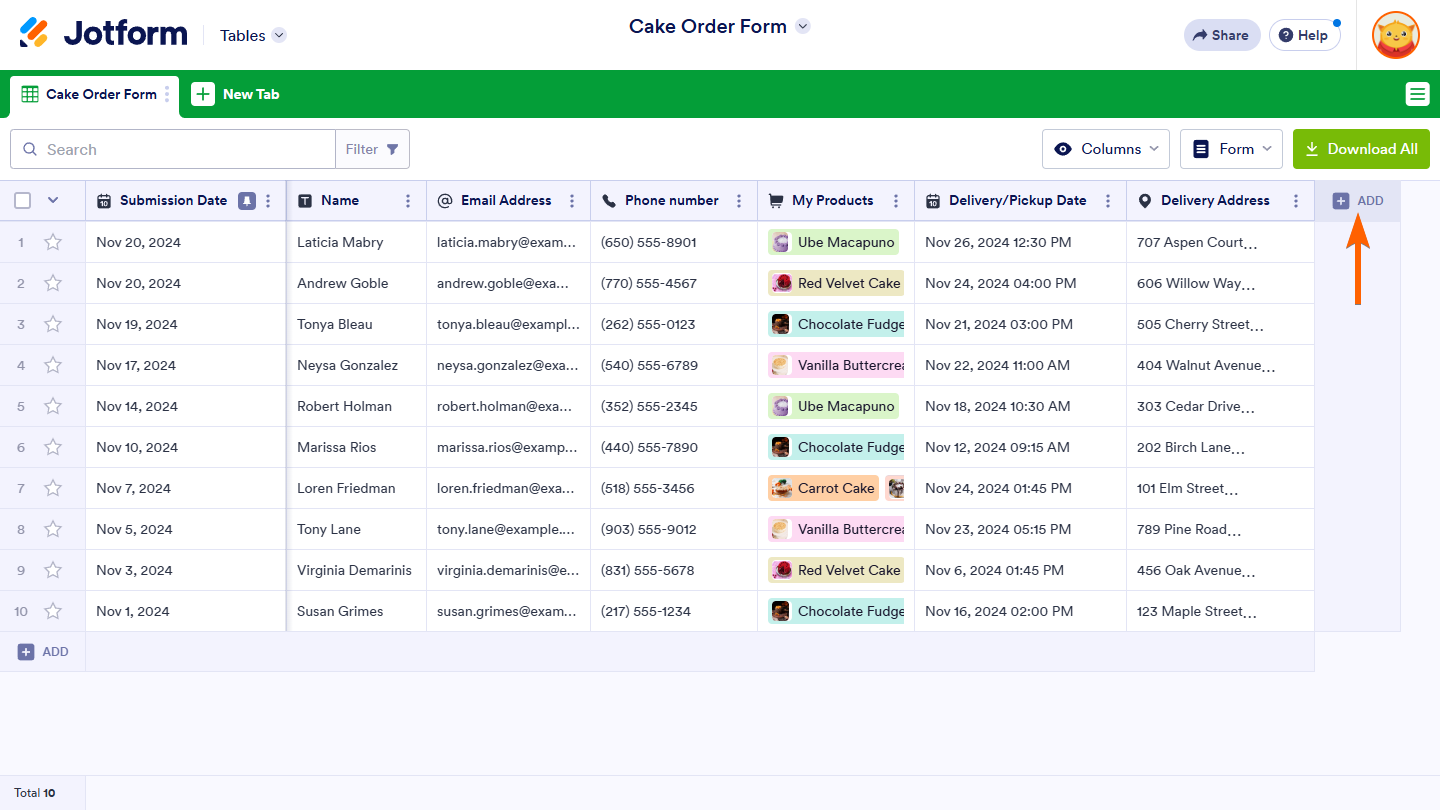 Add Column button of the Jotform Tables