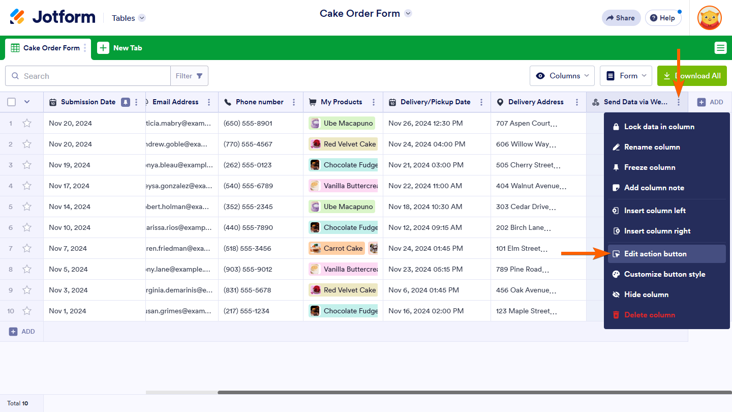 Edit action button of the Send Data via Webhook column menu in Jotform Tables