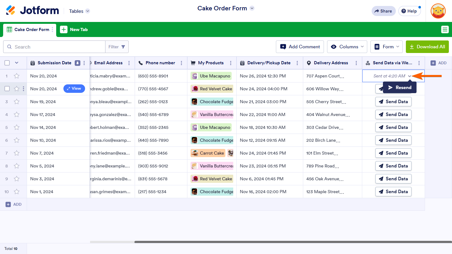 Resend button in Send Data via Webhook column in Jotform Tables