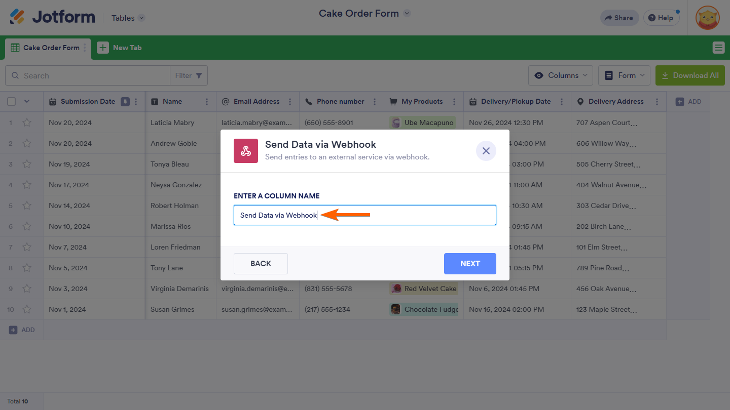 Enter Column Name in Send Data via Webhook window of Jotform Tables