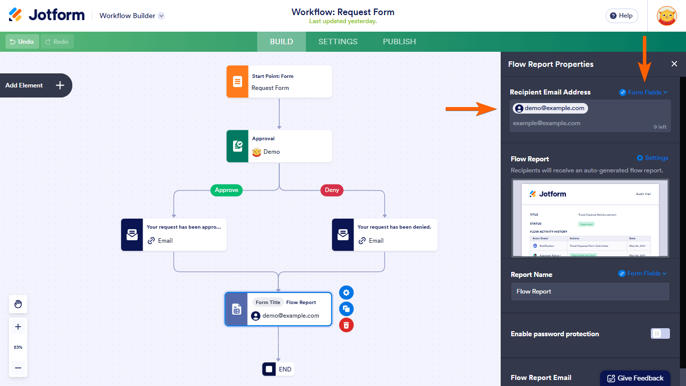 A Recipient Email Address settings in Jotform Workflows Flow Report