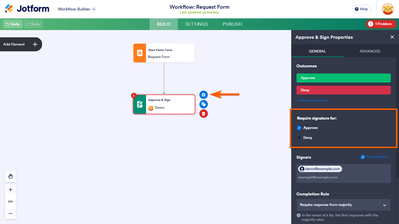 A Require Signature For settings in Jotform Workflows Approve & Sign Properties
