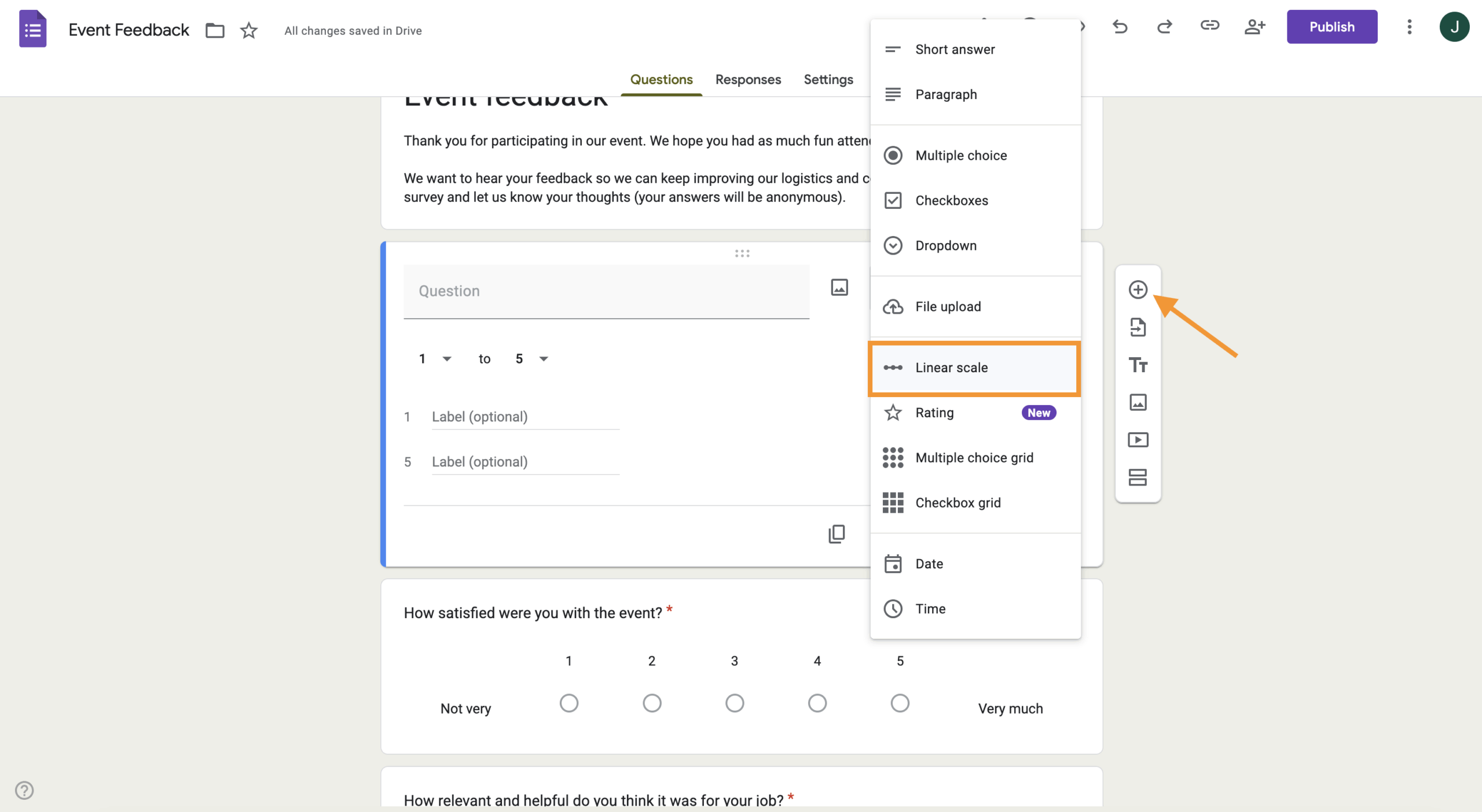 Screenshot of a Google Form showing how to add a linear scale question using the "+" button and selecting "Linear scale" from the dropdown menu