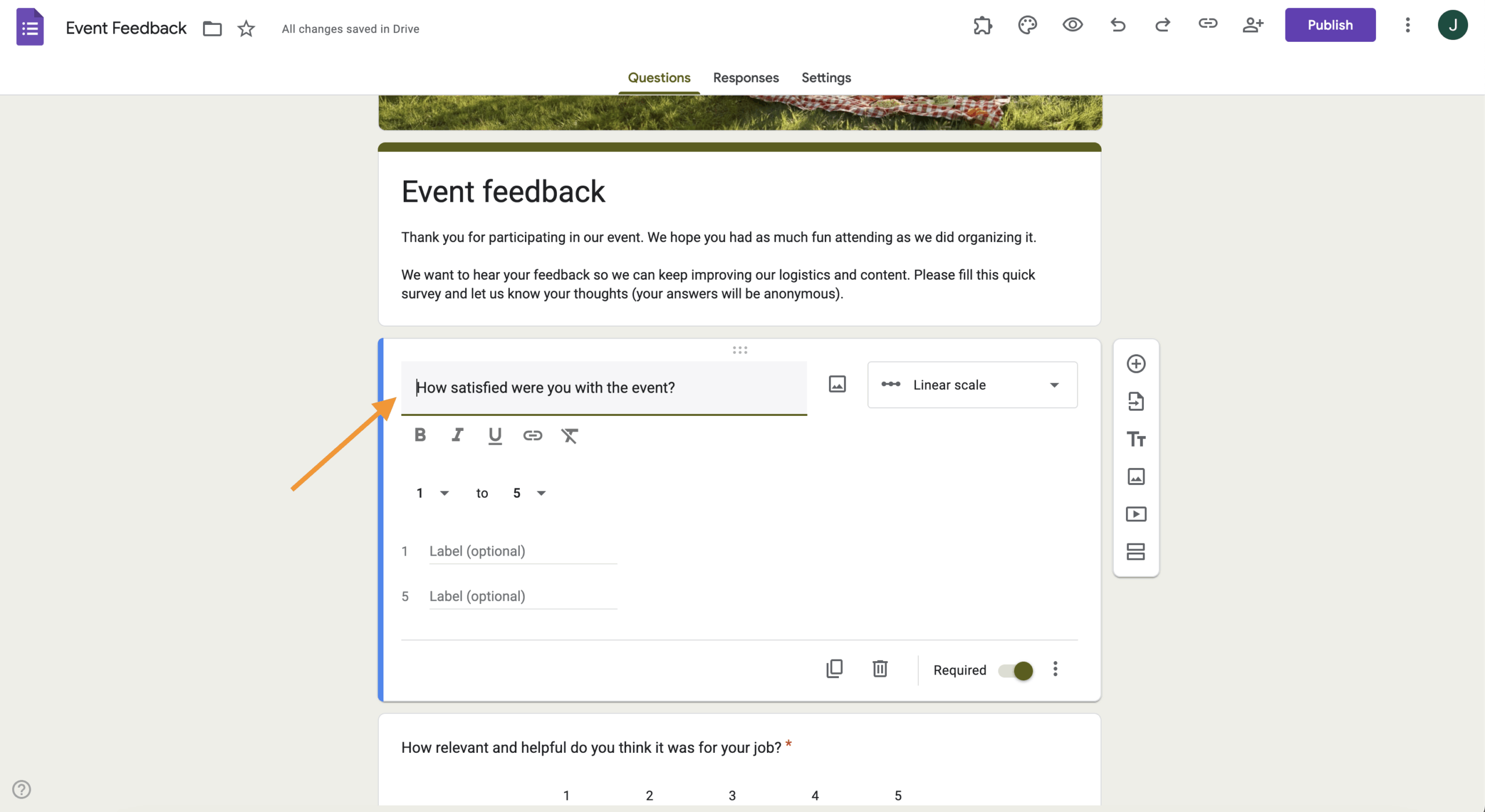 Screenshot of a Google Form showing a linear scale question being edited with the prompt “How satisfied were you with the event?” highlighted