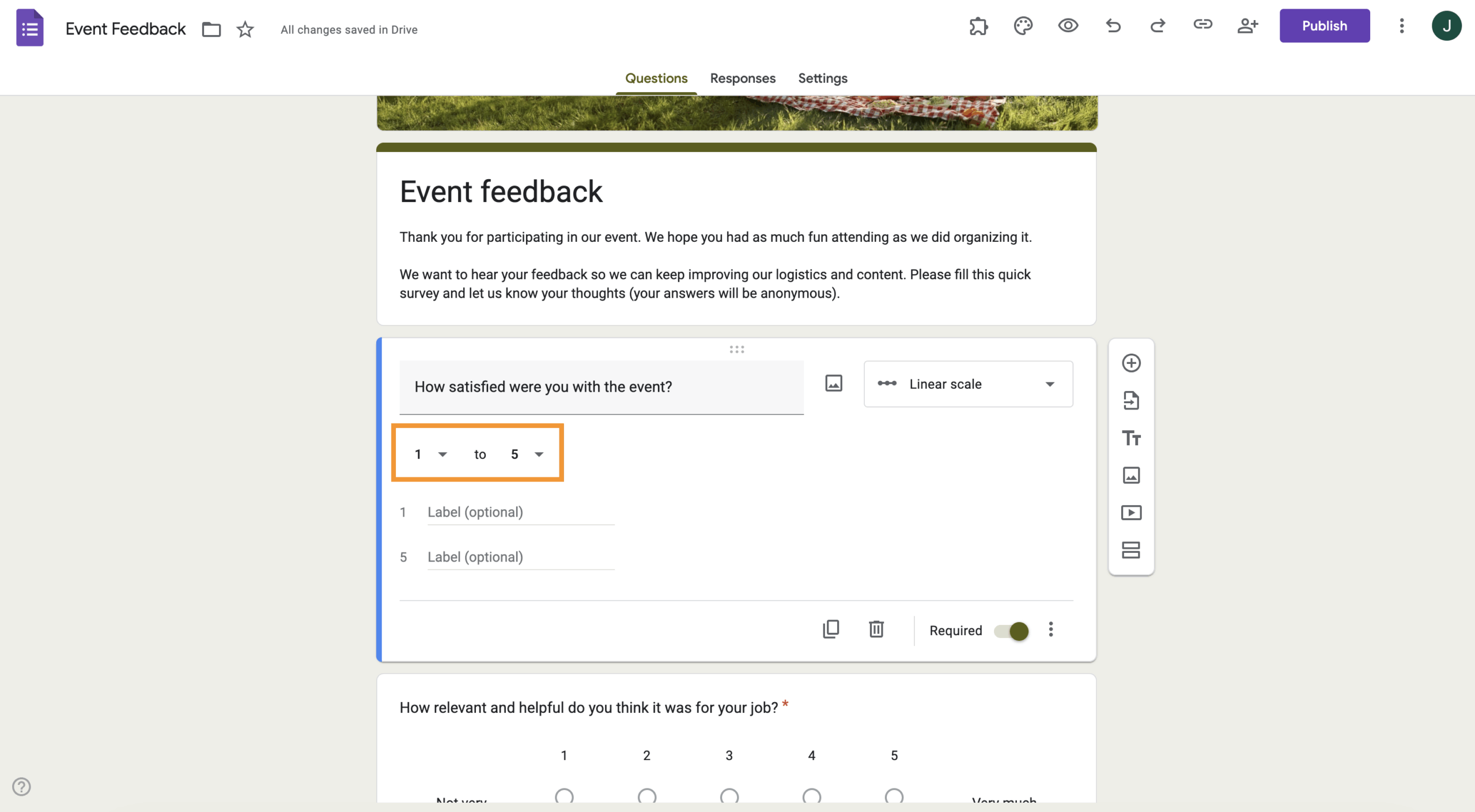 Screenshot of a Google Form showing a linear scale question with the selected range set from 1 to 5 highlighted