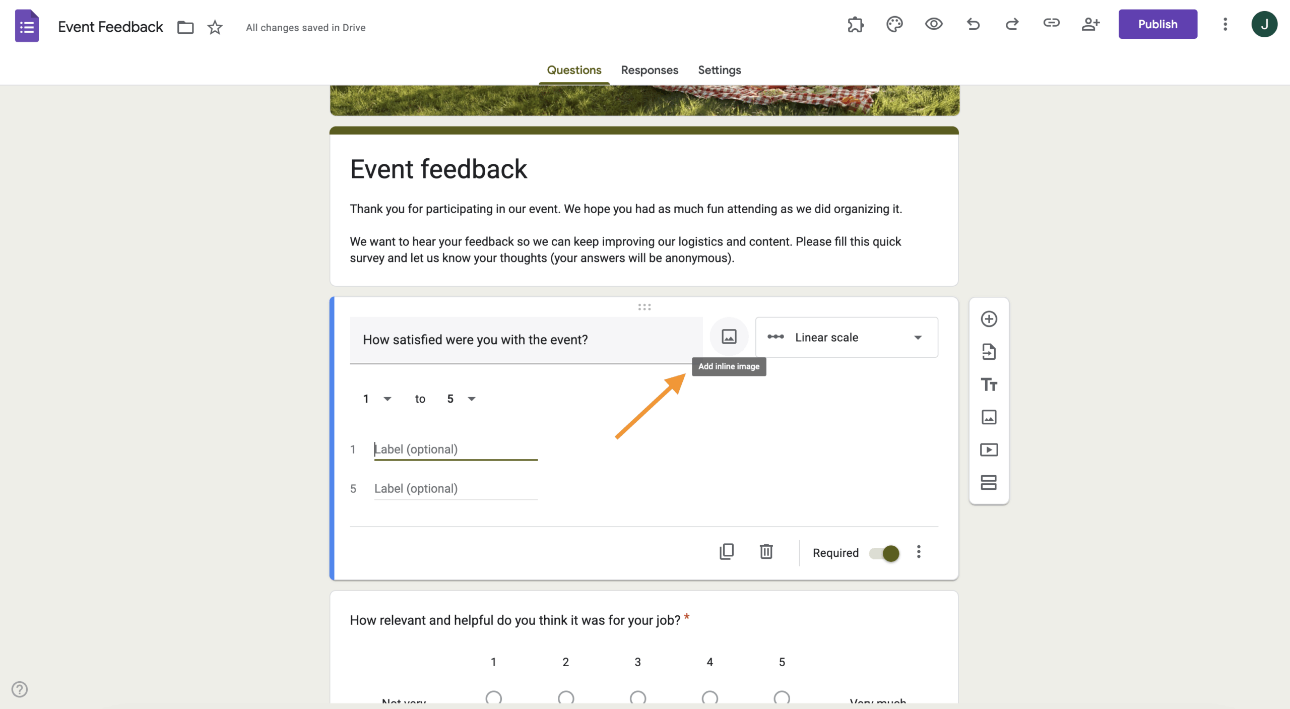Screenshot of a Google Form showing a linear scale question with the “Add inline image” button highlighted next to the question title