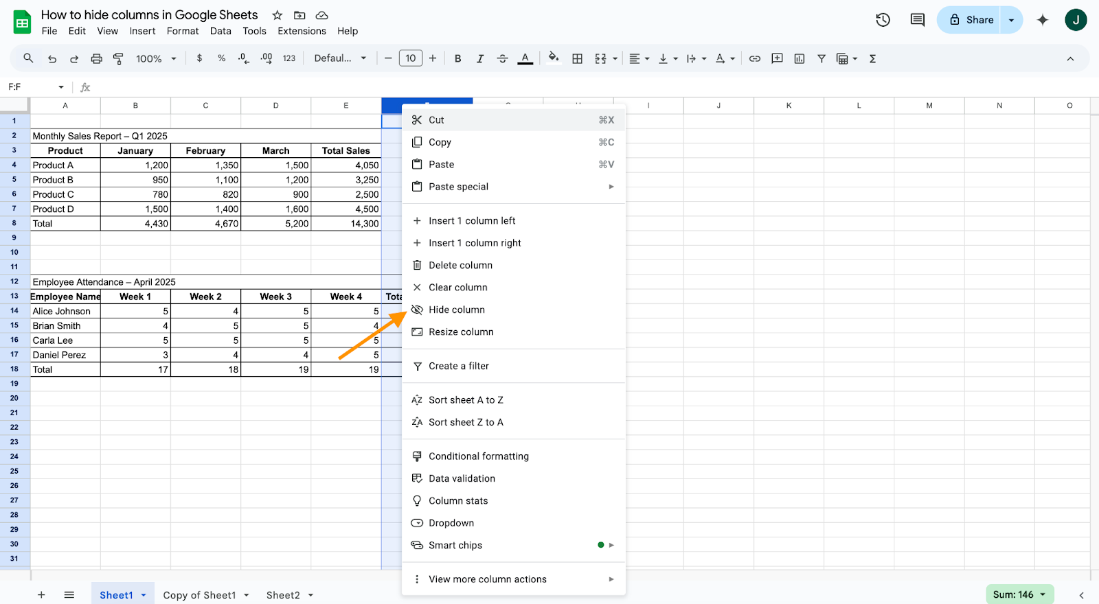 Clicking on the Hide column option from the dropdown menu