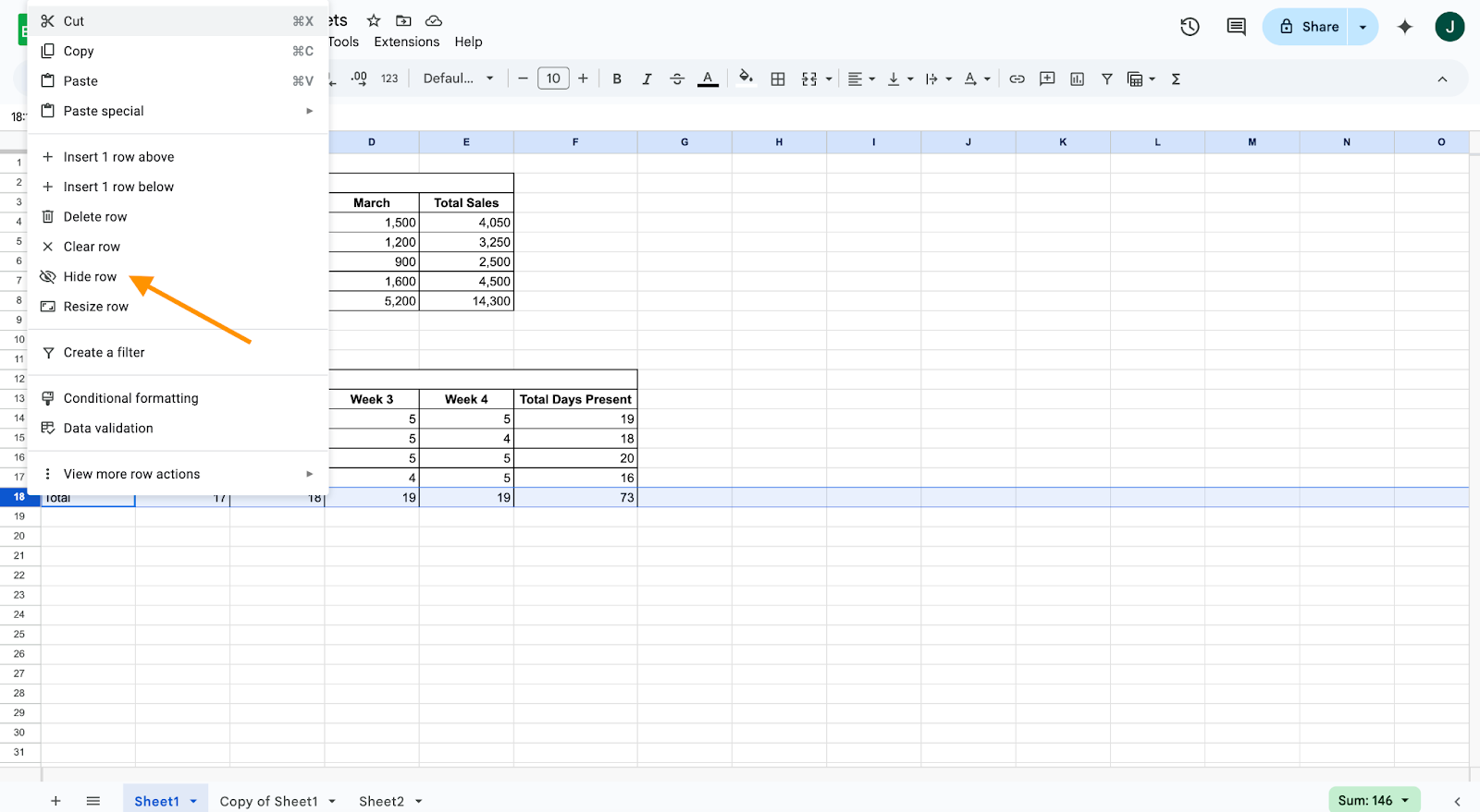 Clicking on the Hide row option on the dropdown