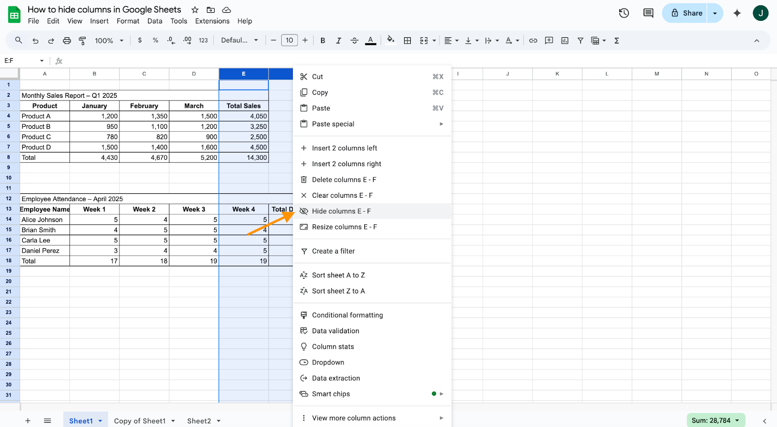 Clicking on the Hide columns options from the dropdown to hide the selected columns