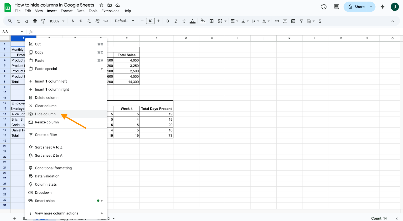 Highlighting the first column to hide on Google Sheets