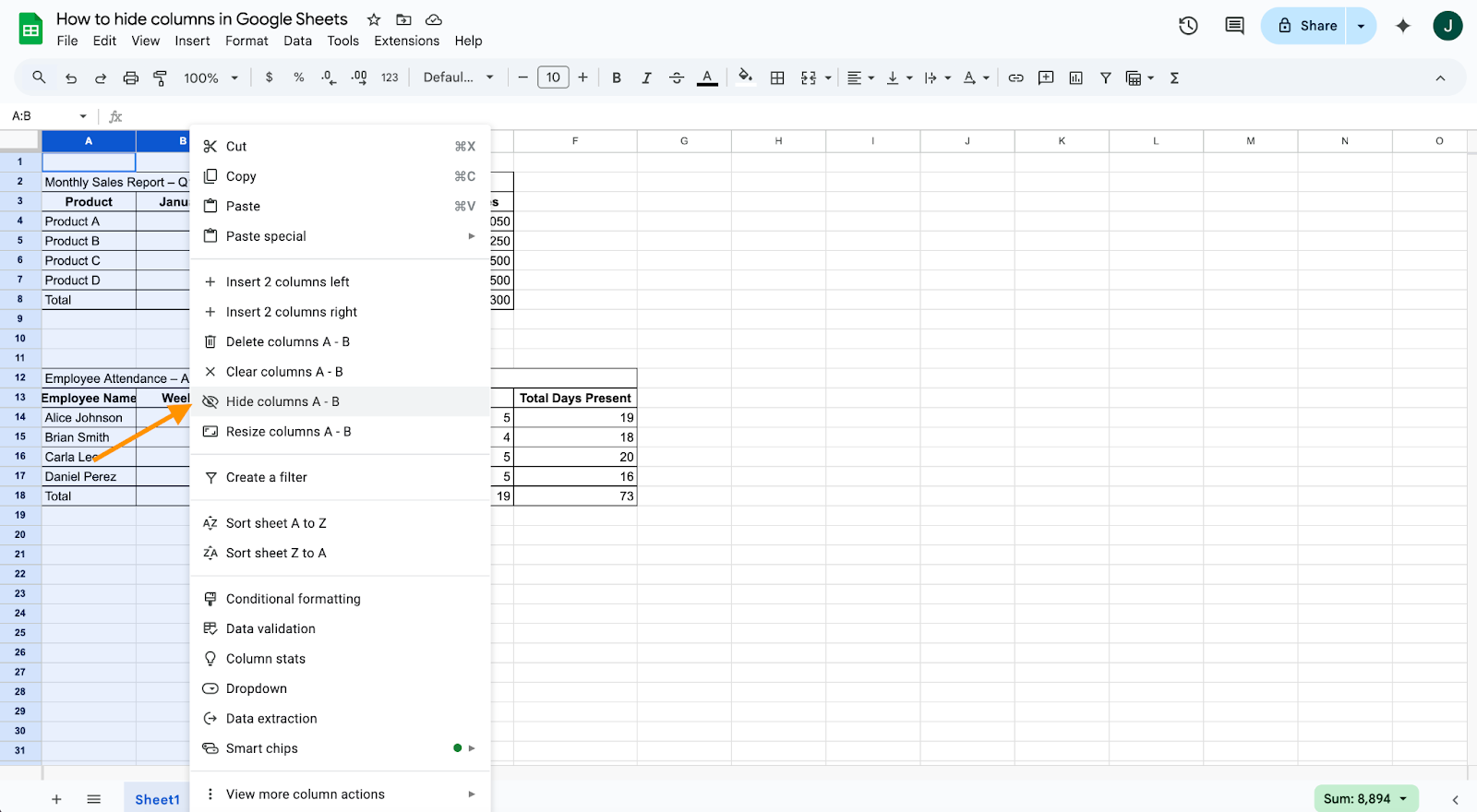 Clicking on the Hide columns option to hide the selected columns on Google Sheets