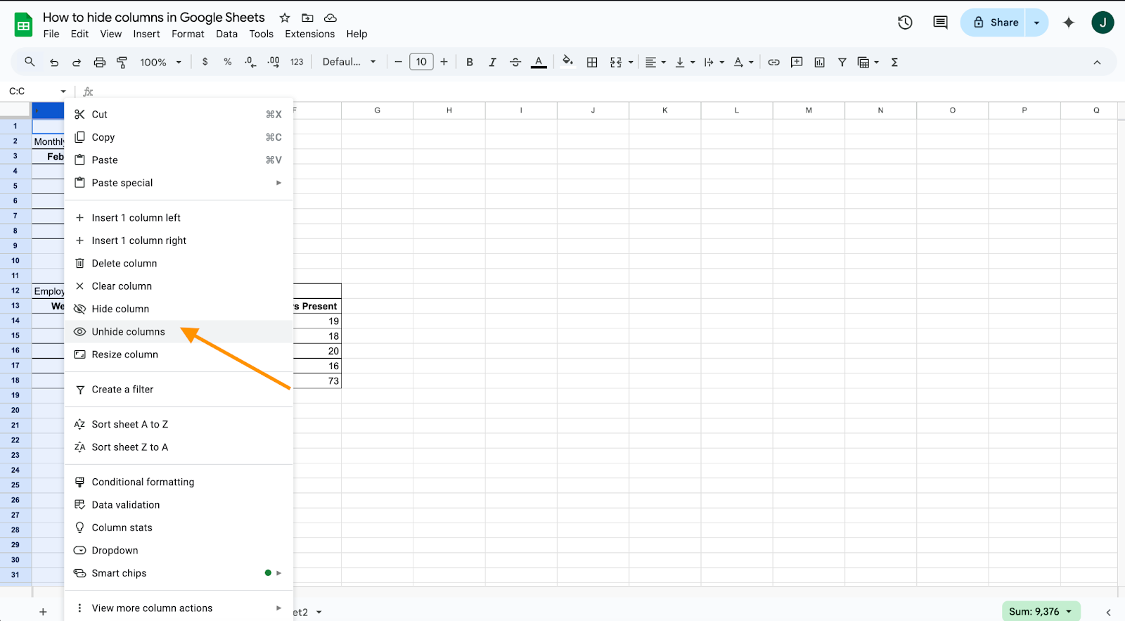 Selecting Unhide columns option on the dropdown on Google Sheets