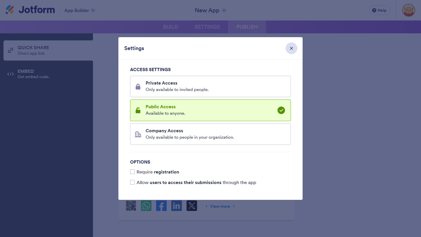 Public Access setting in Publish Settings of the Jotform App Builder
