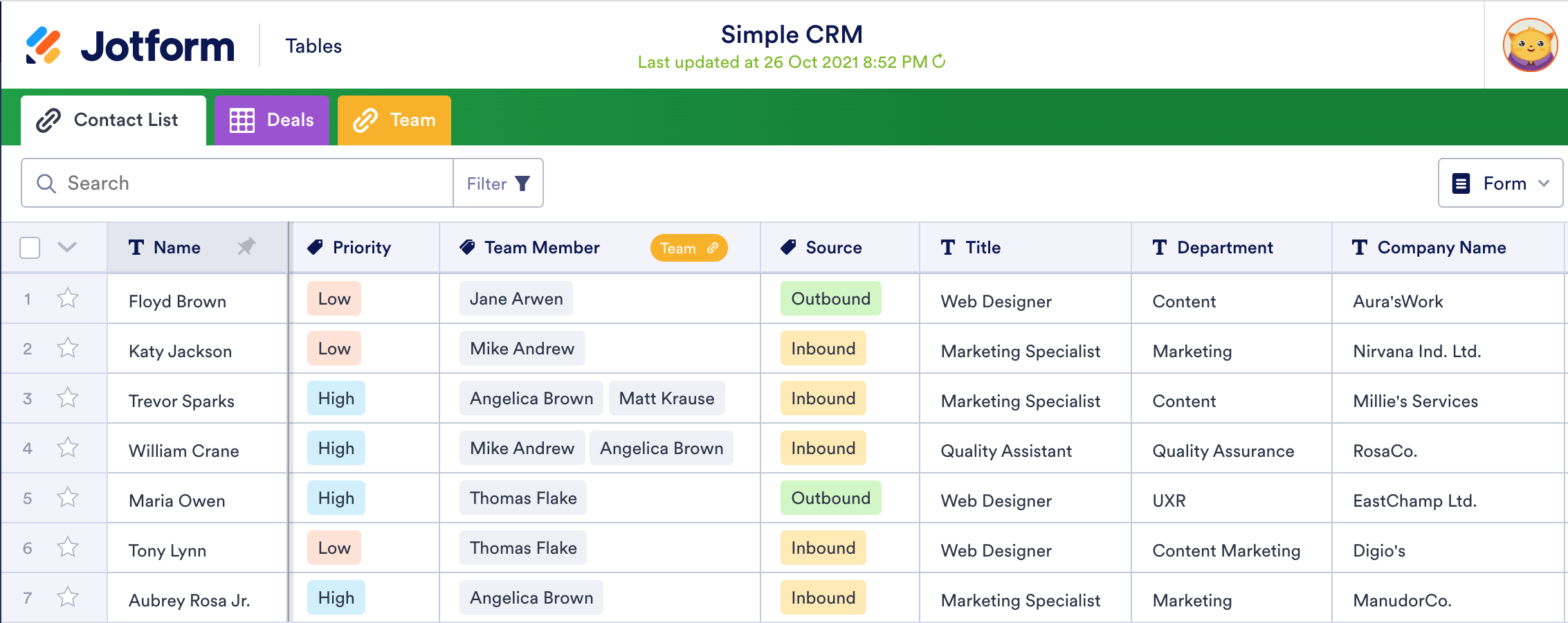 Jotform Tables Simple CRM Template