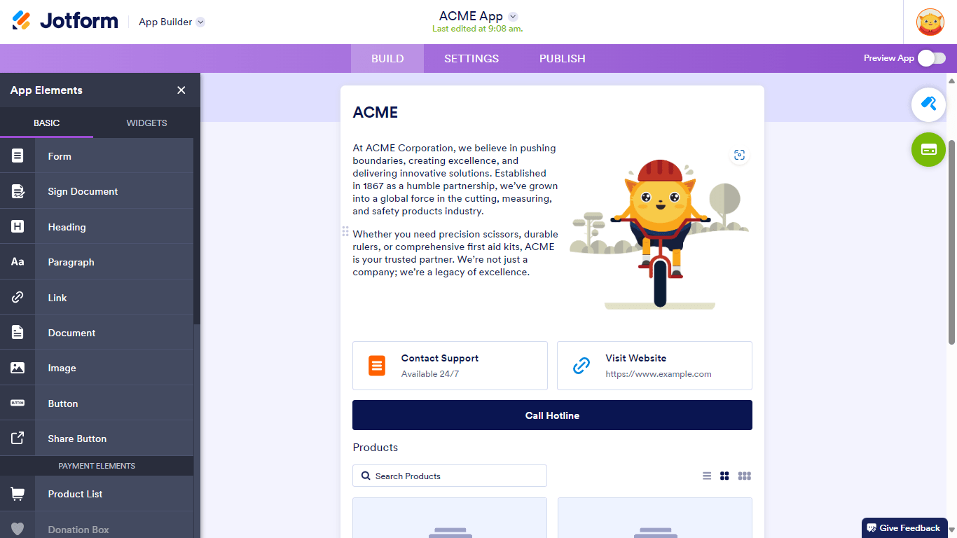 La app ACME en el Creador de Apps de Jotform