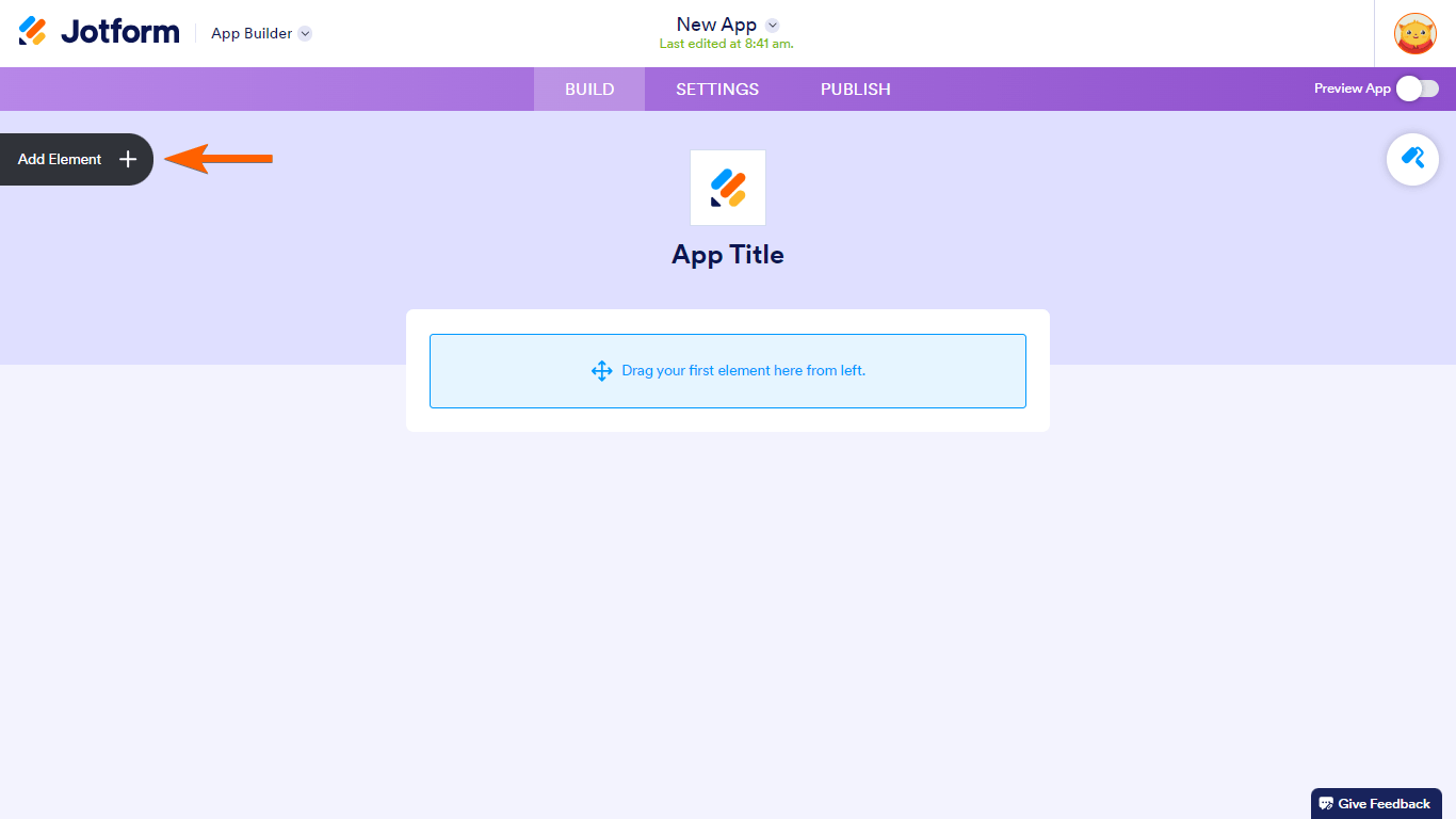El botón Añadir Elemento en el Creador de Apps de Jotform