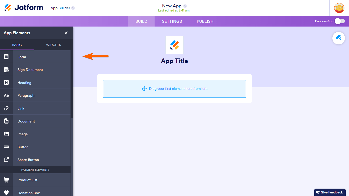 El panel de Elementos de Apps en el Creador de Apps de Jotform