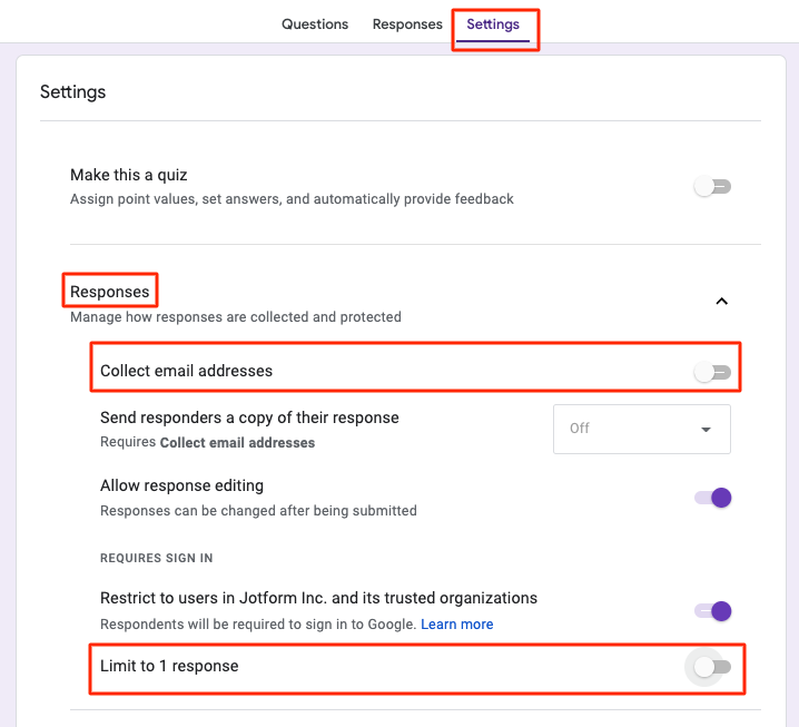 Highlighting the Collect email addresses and Limit to 1 response fields under the Settings Tab in Google Forms