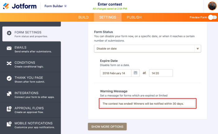 Form expiration - Warning message