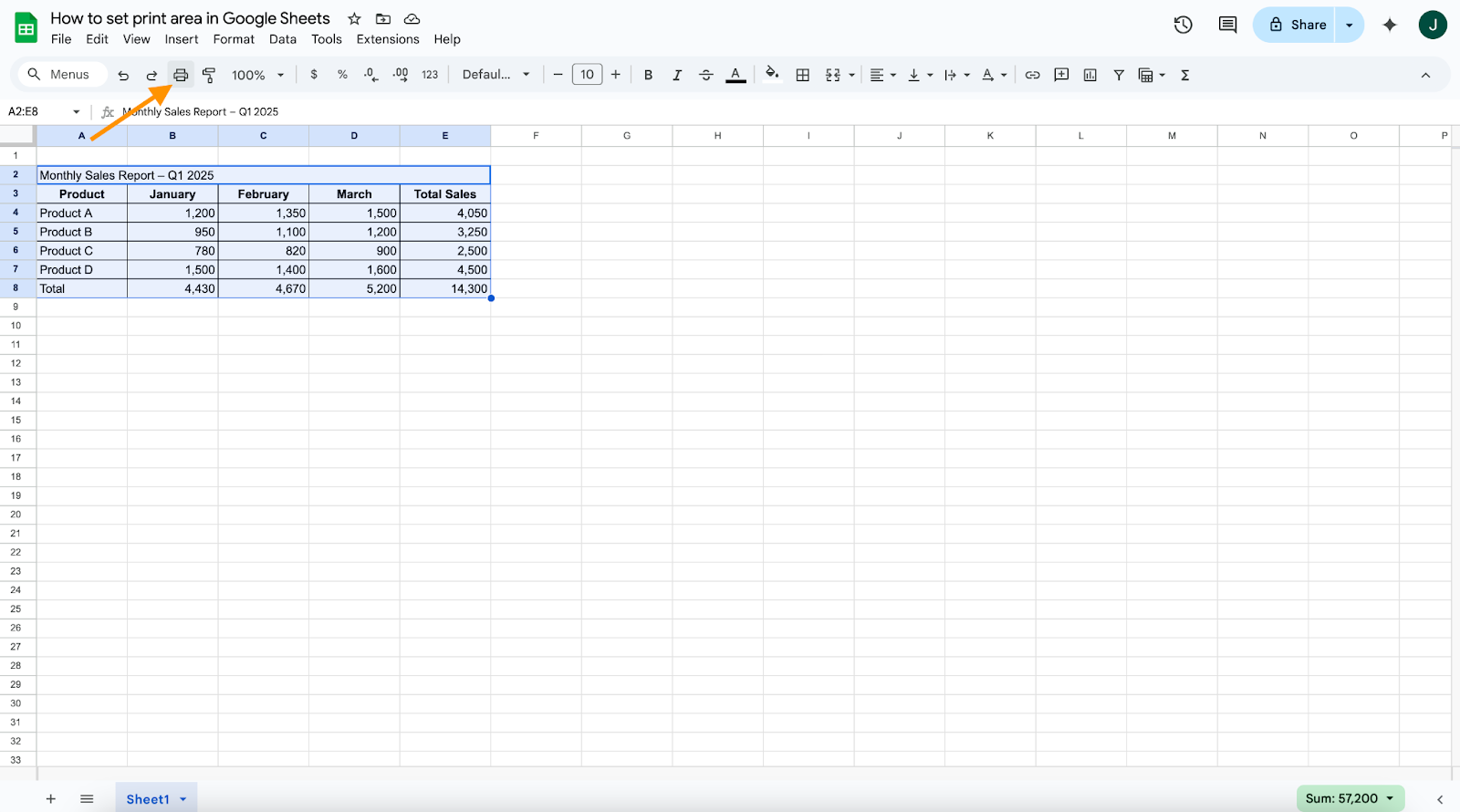 Clicking on the printer icon on the toolbar on Google Sheets