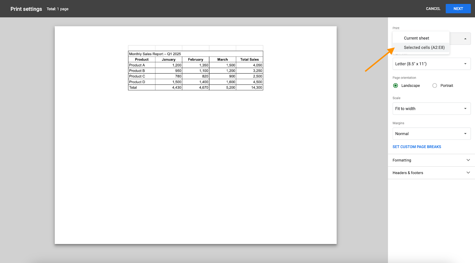 Selecting the Selected cells option on the Print settings