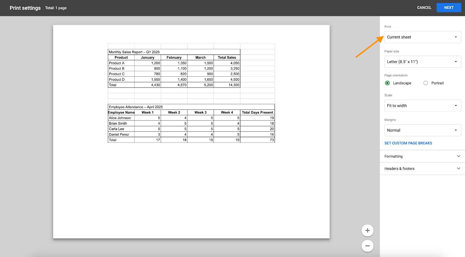 Selecting the Current sheet option on the Print settings