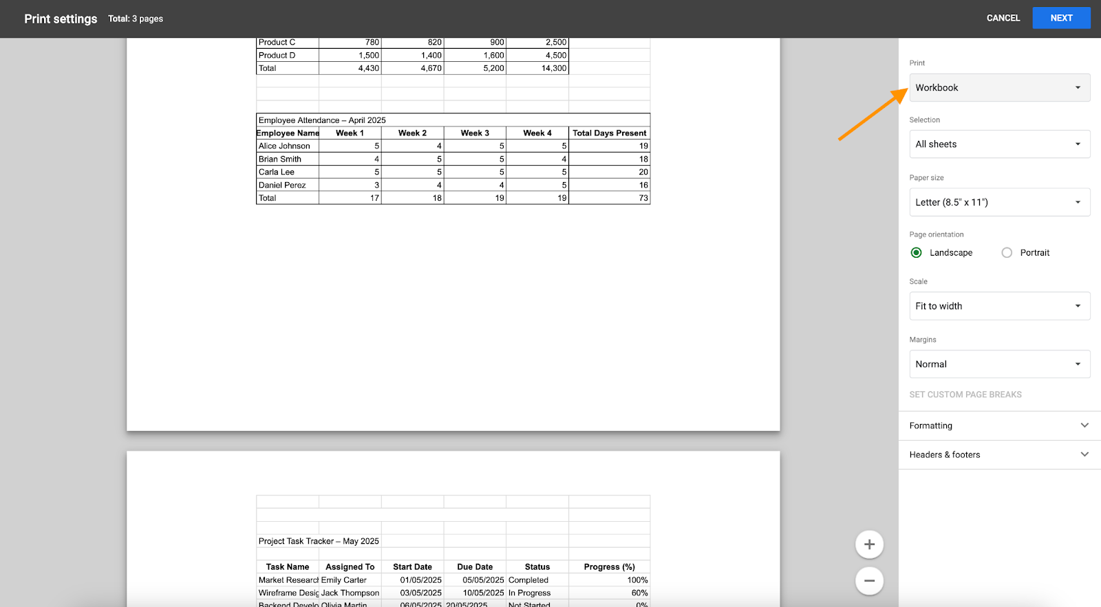 Selecting the Workbook option on the Print settings