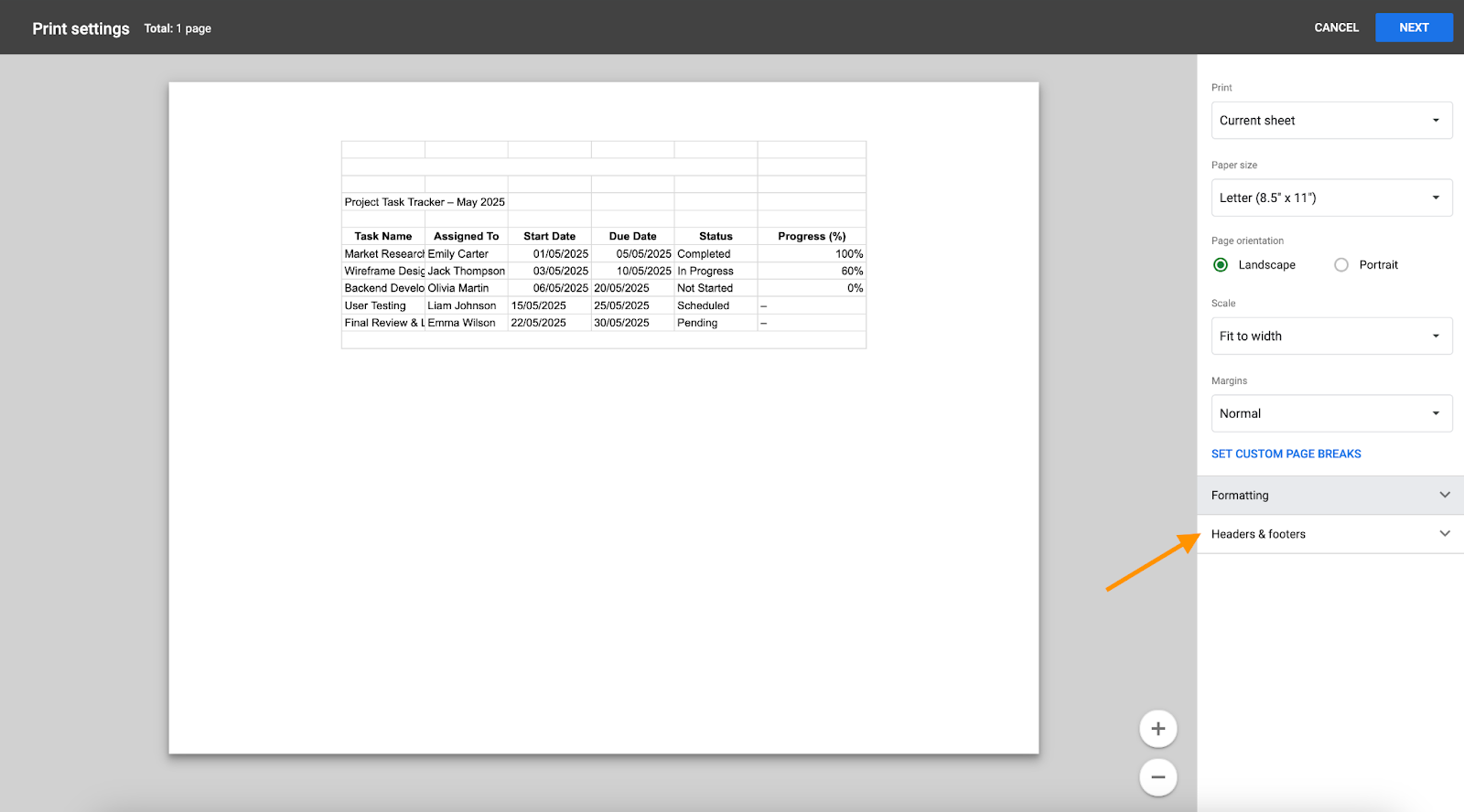 Selecting the Headers & footers option on the Print settings