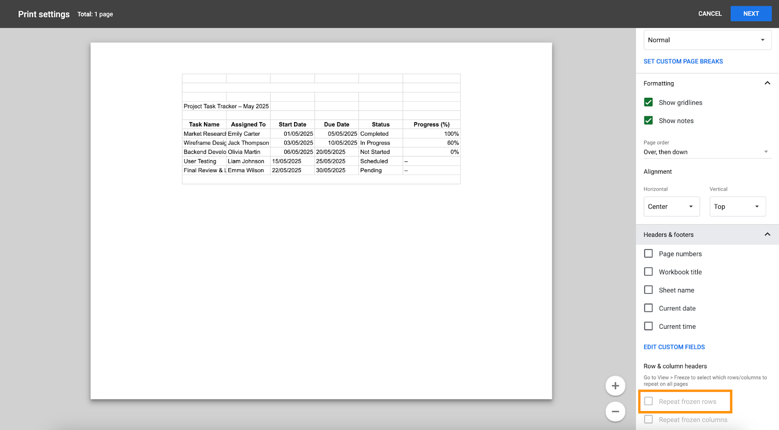 Selecting the Repeat frozen rows option on the Print settings page