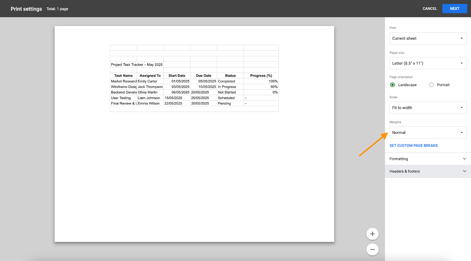 Selecting the margins as Normal in the Print settings page