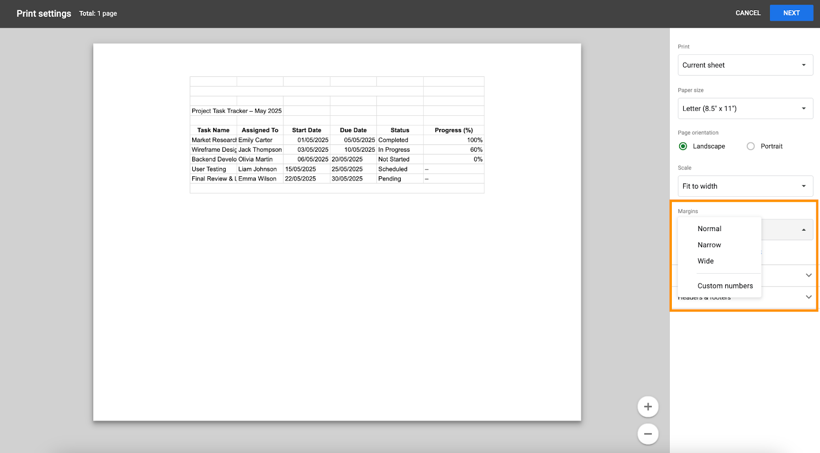 Choosing the margins from the option on the print settings page