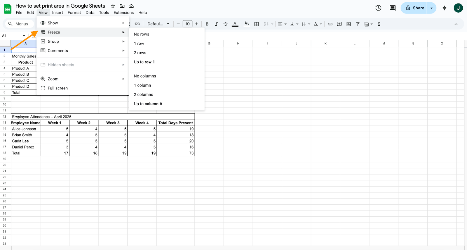 Selecting the Freeze option under the View tab in Google Sheets