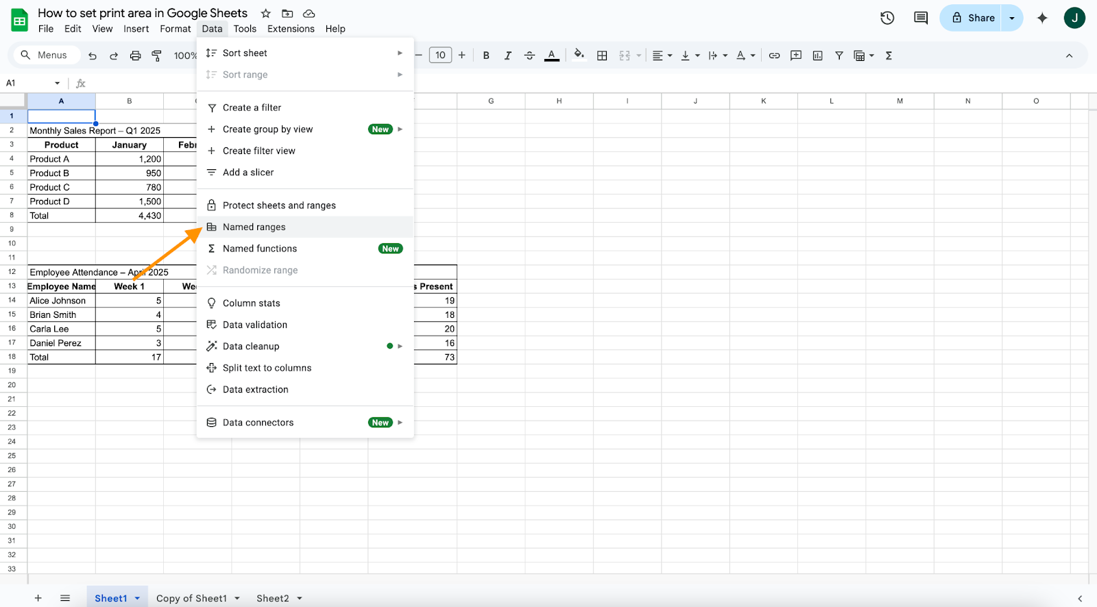 Selecting the Named ranges option under the Data tab in Google Sheets