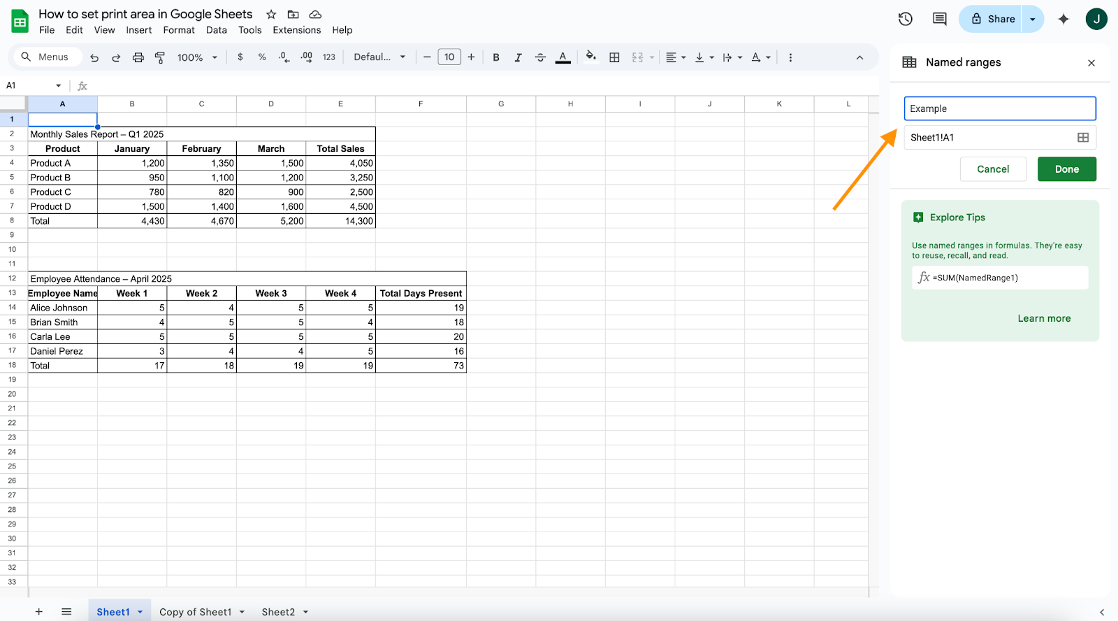 Assigning a name to the range on Google Sheets