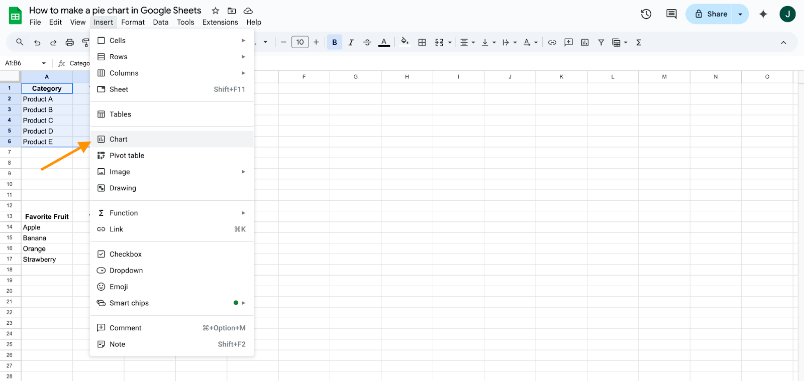 Clicking on the Chart option under the Insert tab on Google Sheets