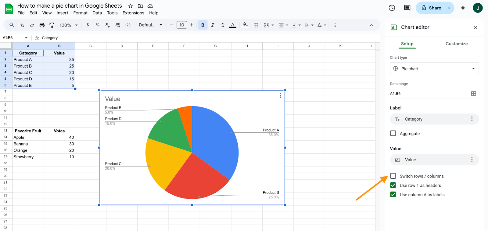 Displaying the “Switch rows/columns” toggle on Google Sheets