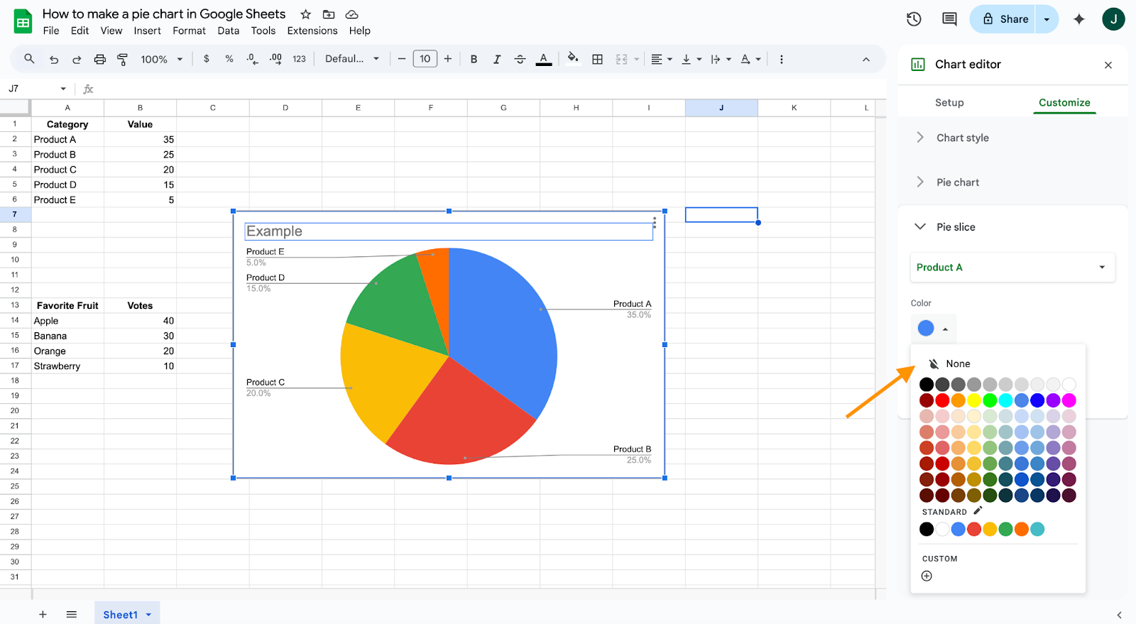 Choosing colors for different slices in a pie chart on Google Sheets