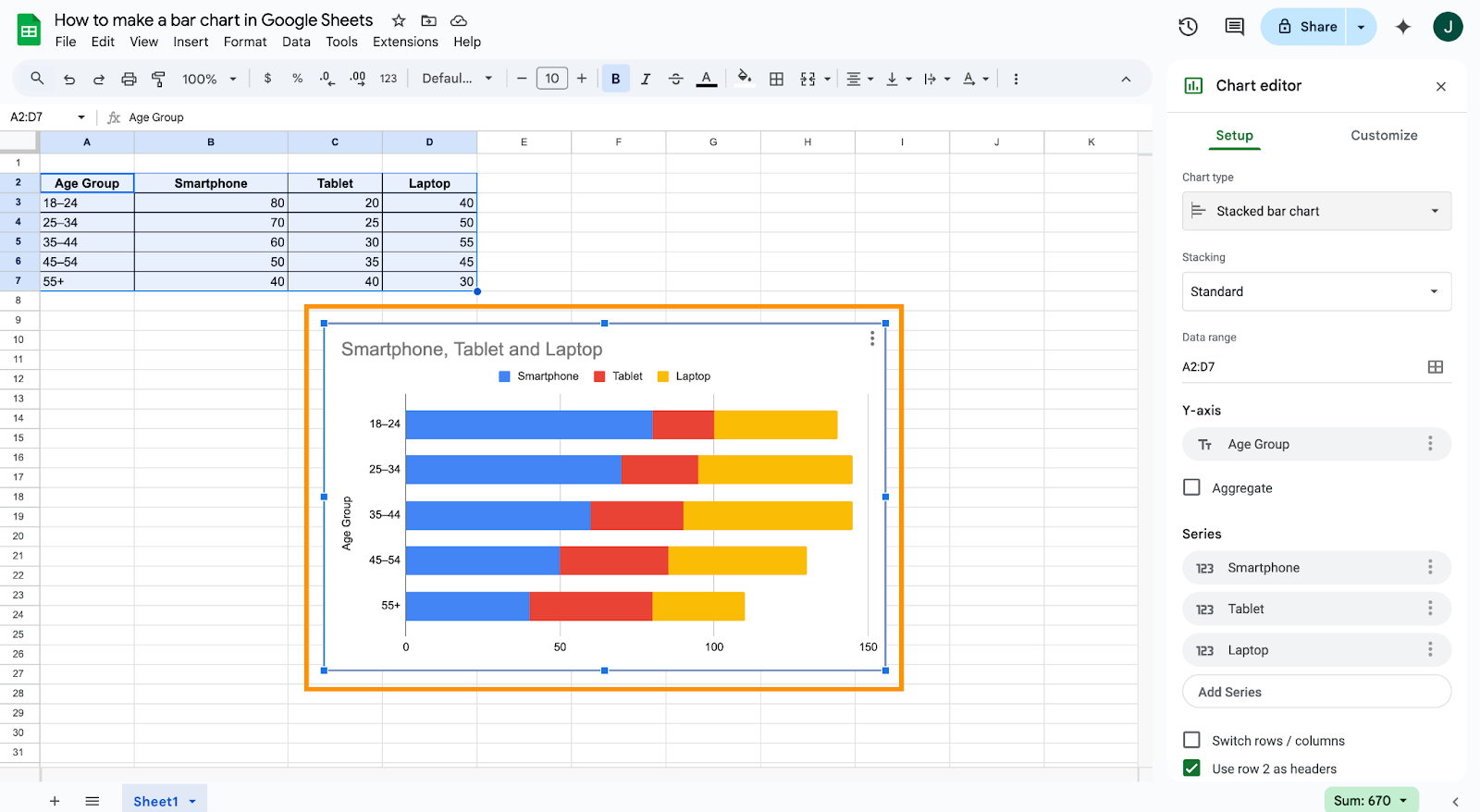 Viewing a stacked bar graph on Google Sheets