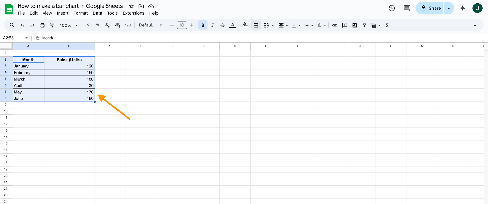 Highlighting the data to be represented in a bar graph on Google Sheets