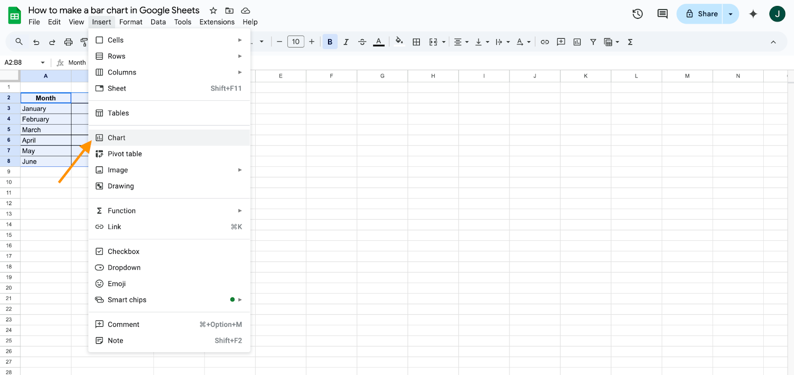 Clicking on the Chart option from the dropdown options