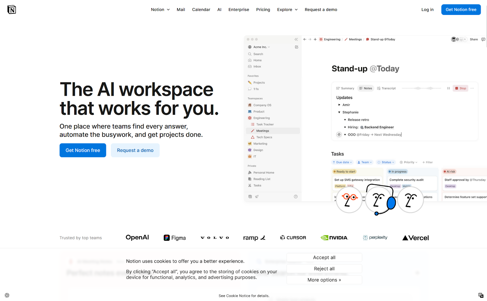 Screenshot of the Notion homepage, featuring an image of the user interface and buttons to request either a demo or get Notion for free