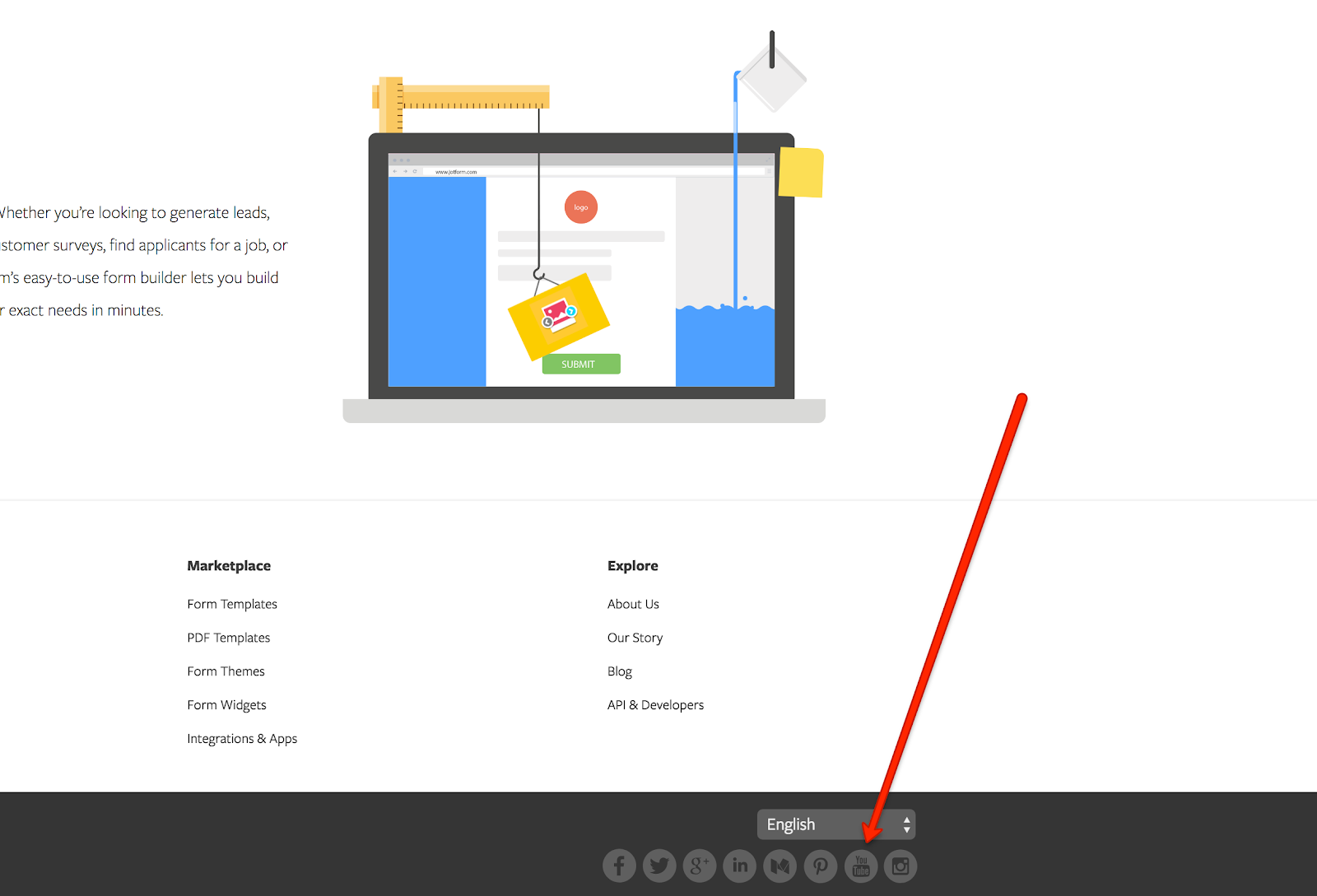 Home page of Jotform clicking on the Youtube icon at the bottom of the page