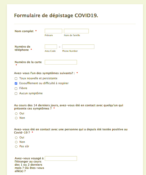Formulaire de dépistage COVID-19
