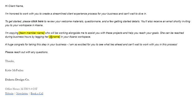 Dakota Design Company welcome email