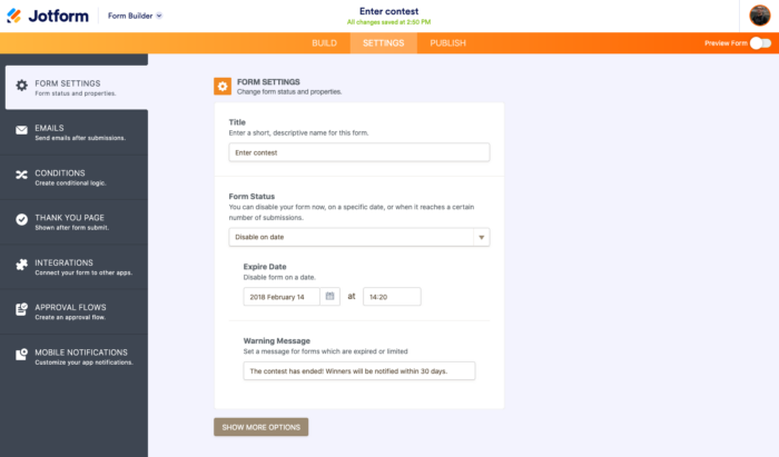 Form expiration - Form settings