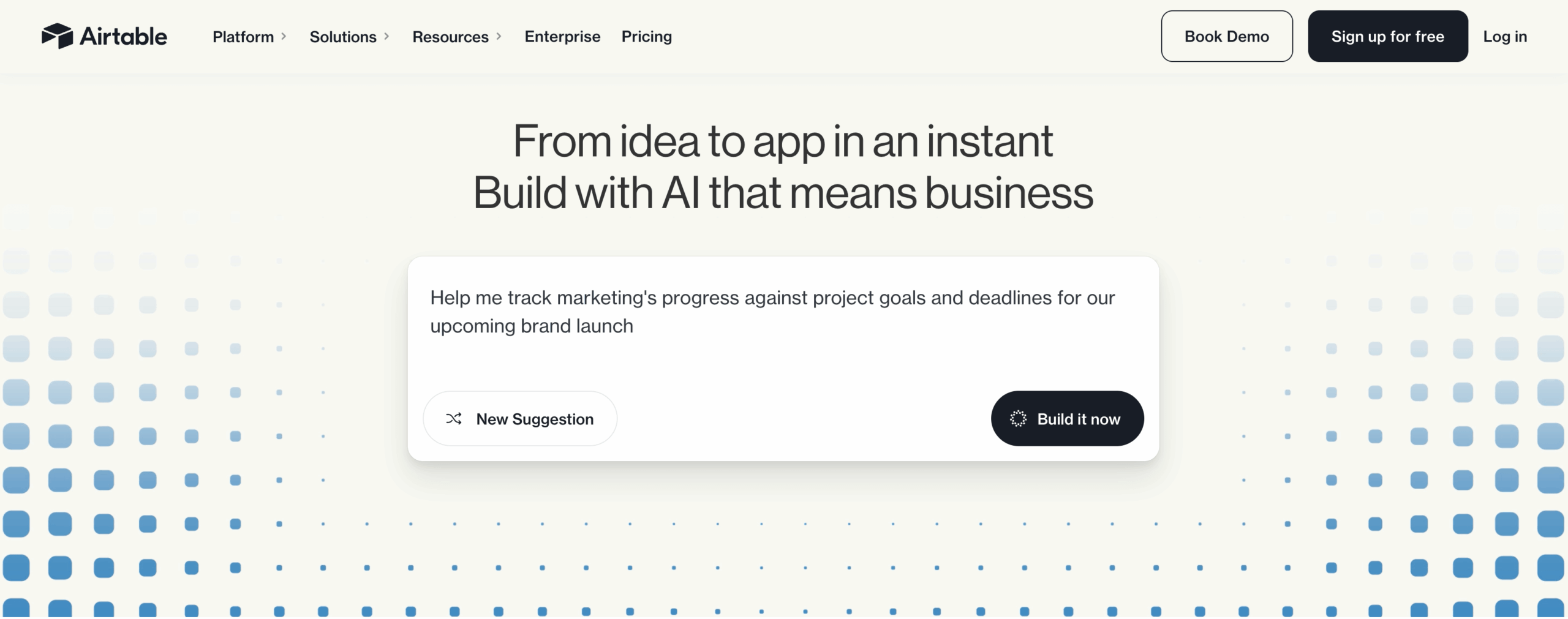 airtable homepage with the words from idea to app in an instant build with AI that means business