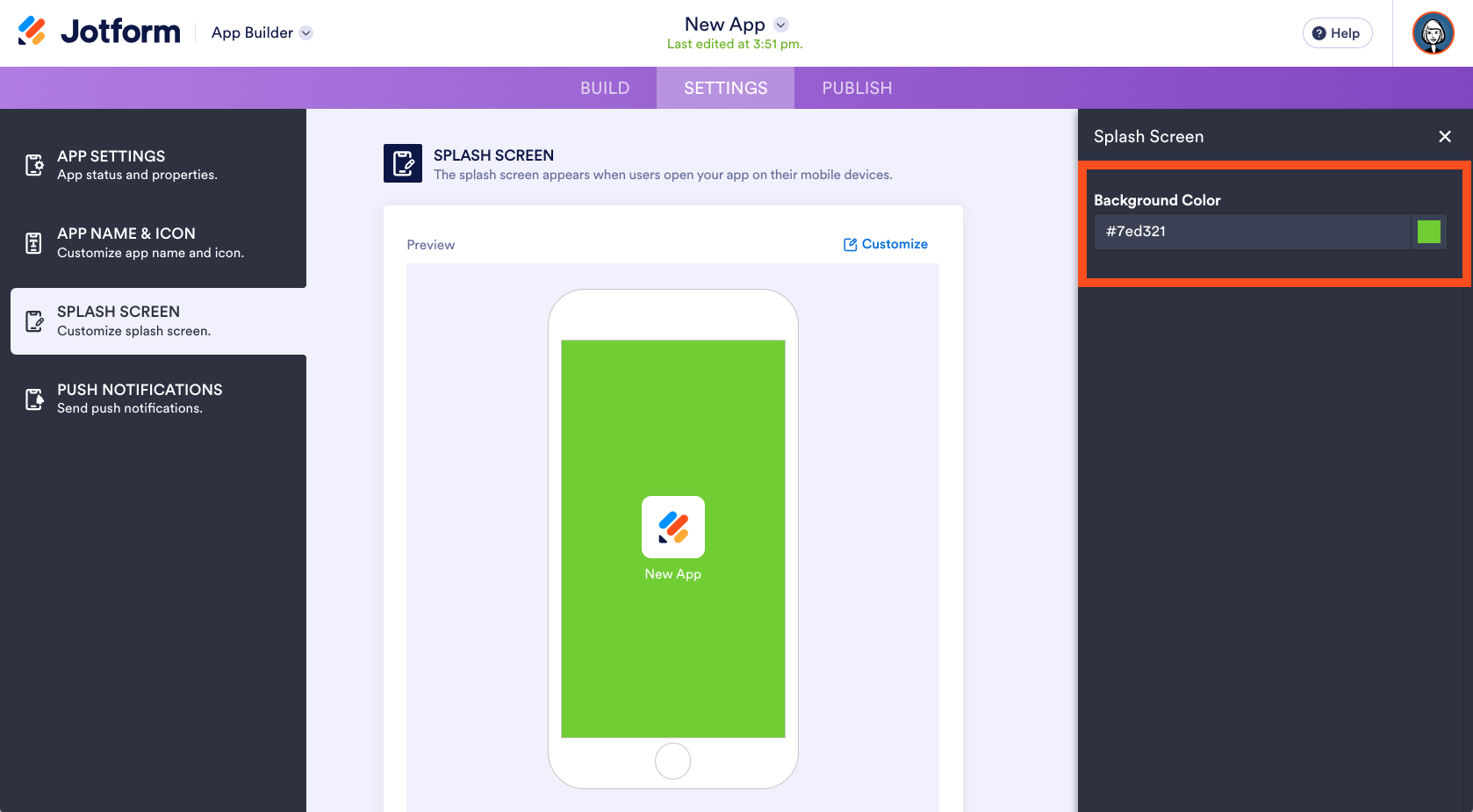 Background Color option in the Splash Screen settings of the Jotform App Builder