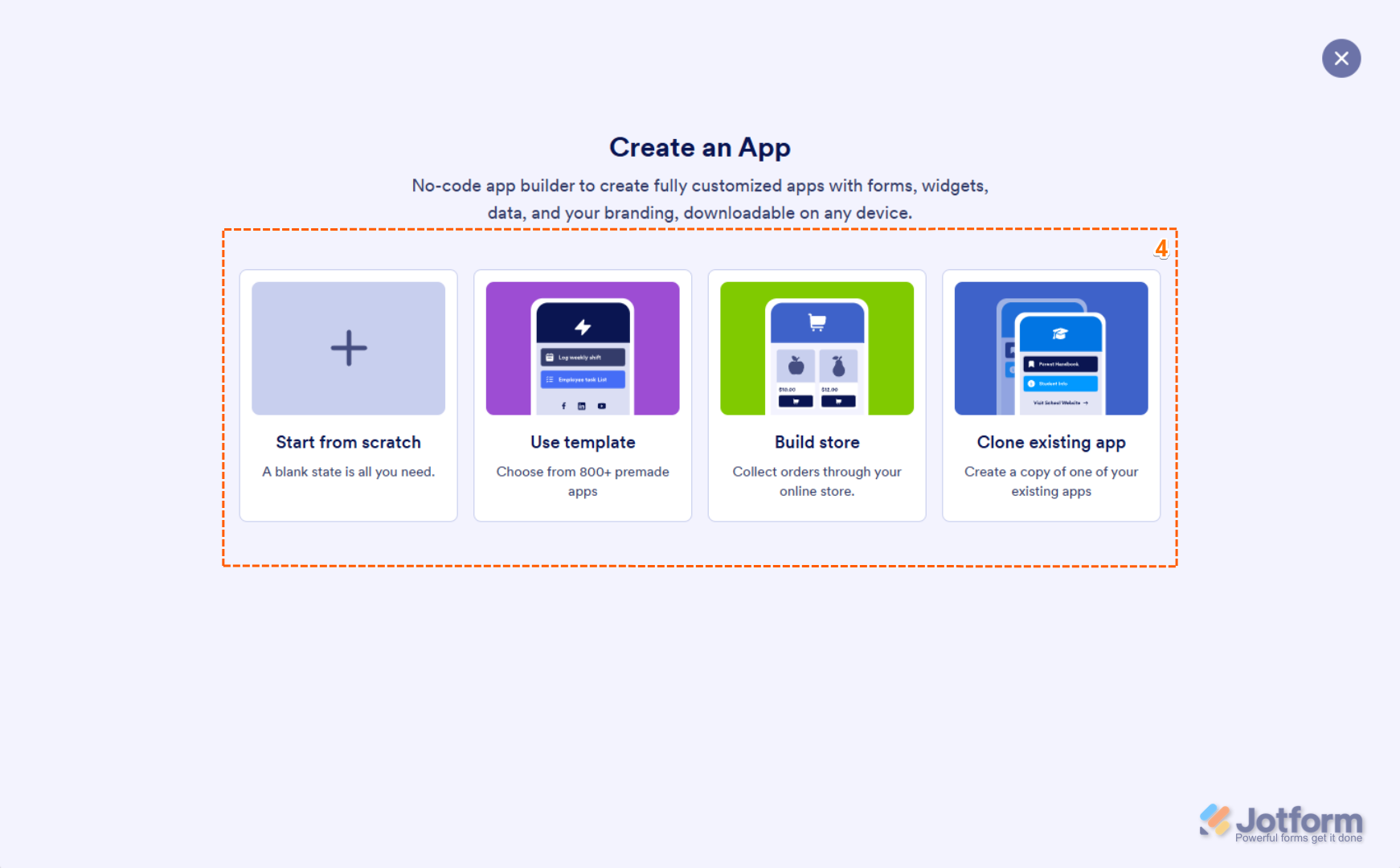 Ventana Crear una Aplicación mostrando opciones para Comenzar desde Cero, Usar una Plantilla, Crear una Tienda, o Clonar una Aplicación Existente