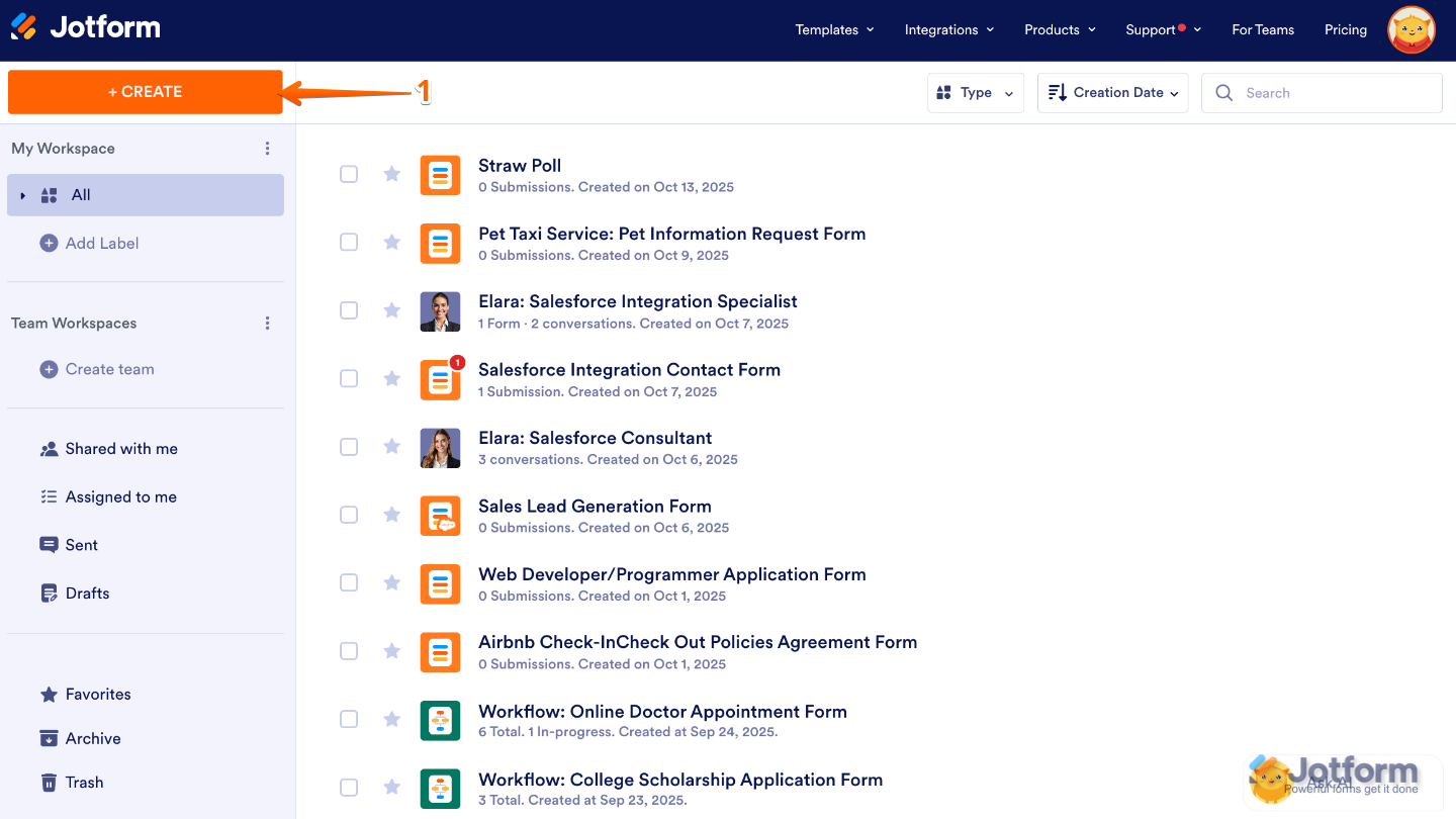 Jotform Workspace page showing the Create button at the top-left corner of the screen