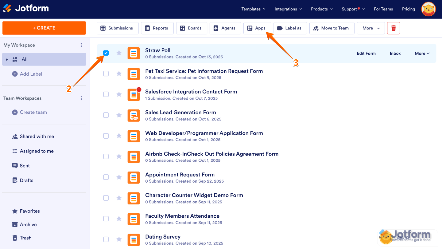 Selecting a form in Jotform Workspace and clicking on the Apps tab at the top menu to generate an app